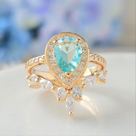 Blue & Teal tourmaline ombre stone ring set , 925 Sterling Silver Charmed Aroma - Picture 3 of 4